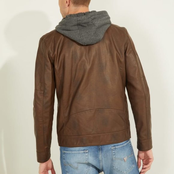 GUESS Men's Faux Leather Hooded Moto Jacket Size L - Picture 4 of 6